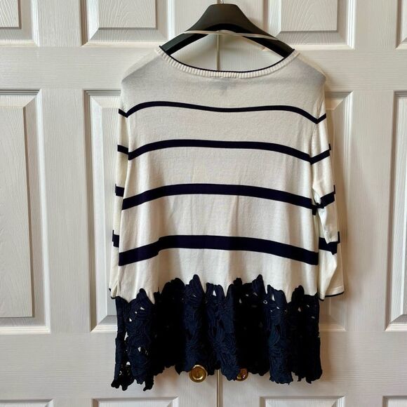 BLACK AND OFF WHITE LONG SLEEVE SWEATER WITH BLACK LACE BOTTOM BY LANE BRYANT - Picture 4 of 5